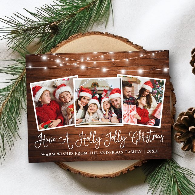 Fun Calligraphy Holly Jolly Christmas Wood Lights Postcard (Customize to change your personalized text size or text style.)