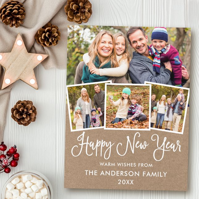 Fun Calligraphy Kraft Happy New Year 4 Photo Postcard (Customize to change your personalized text size or text style.)