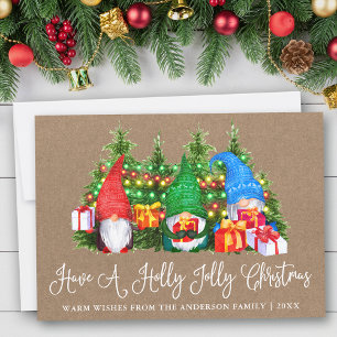 Fun Calligraphy Kraft Holly Jolly Christmas Gnomes Holiday Card