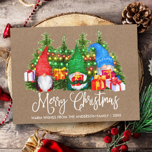 Fun Calligraphy Kraft Merry Christmas Gnomes Postcard