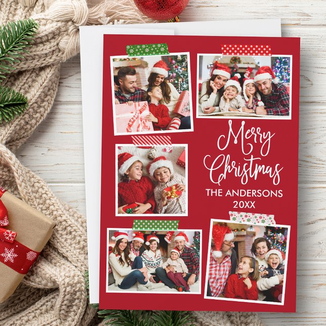 Fun Calligraphy Merry Christmas Craft Tape Red  Holiday Card (Customize to add text to back of card.)