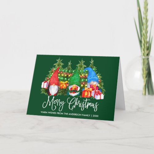 Fun Calligraphy Merry Christmas Gnomes Green Fold Holiday Card