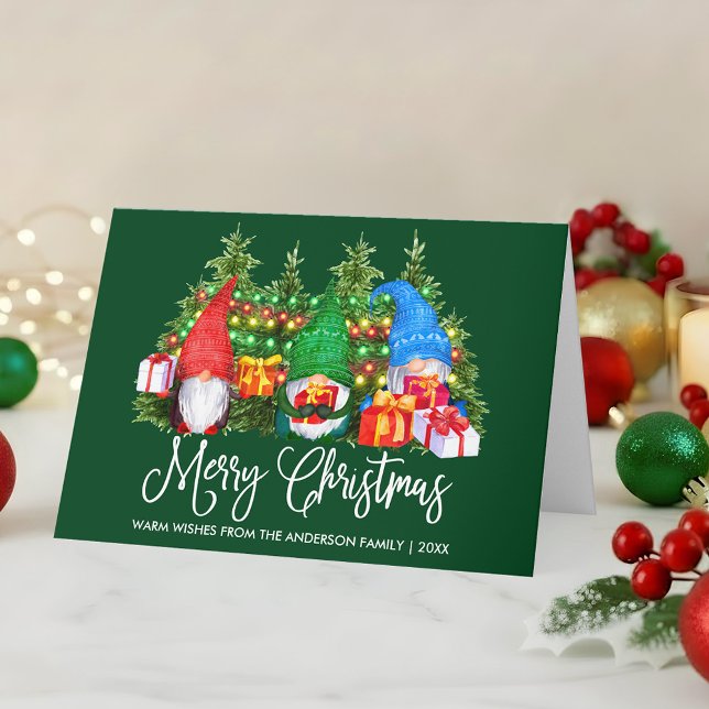 Fun Calligraphy Merry Christmas Gnomes Green Fold Holiday Card (Customize to add text to inside of card.)