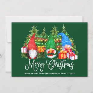 Fun Calligraphy Merry Christmas Gnomes Green Holiday Card