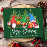 Fun Calligraphy Merry Christmas Gnomes Green Postcard<br><div class="desc">Modern Fun Calligraphy Script Merry Christmas Watercolor Gnomes Postcard with Pine Trees and colorful string lights. Family Name and Year - Forest Green Background</div>