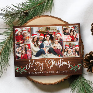 Fun Calligraphy Merry Christmas Wood Holly 5 Photo Postcard