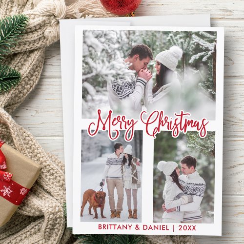 Fun Calligraphy Red 3 Photo Couple Christmas Holiday Card