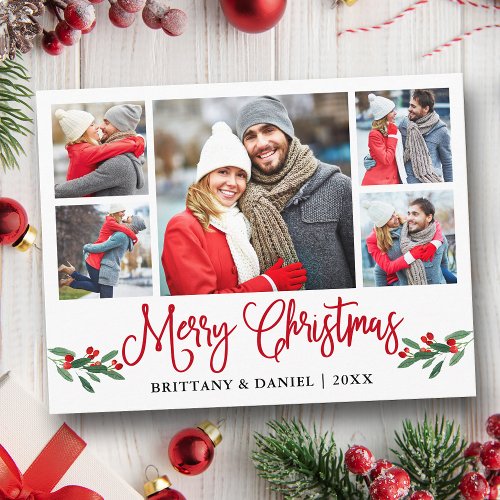 Fun Calligraphy Red Holly 5 Photo Couple Christmas Postcard