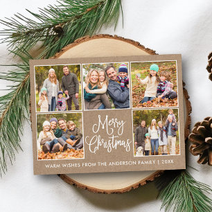 Fun Calligraphy Rustic Kraft 5 Photo Christmas Postcard