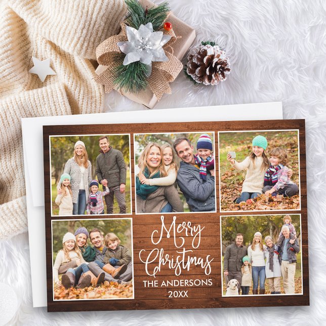 Fun Calligraphy Rustic Wood 5 Photo Christmas Holiday Card (Customize to add text to back of card.)