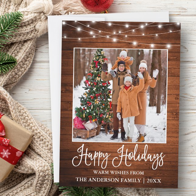 Fun Calligraphy Rustic Wood Lights Photo Holiday Card (Customize to add text to back of card.)