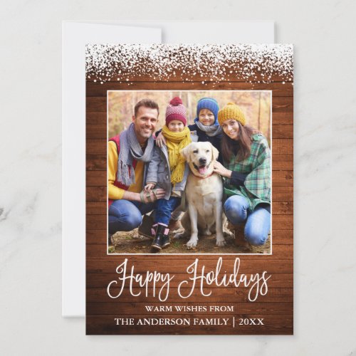 Fun Calligraphy Rustic Wood Snow Topped Photo Holiday Card