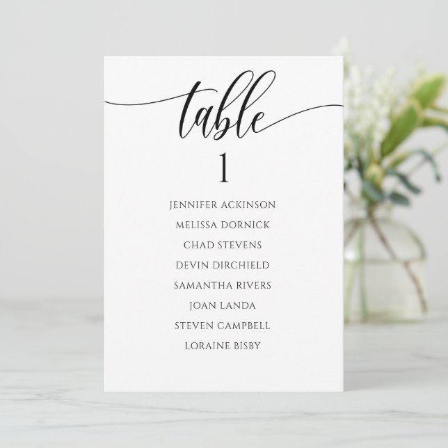 Fun Calligraphy Seating Chart Table List Card (Standing Front)
