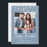 Fun Calligraphy String Lights Photo Blue Hanukkah Holiday Card<br><div class="desc">Modern Fun Calligraphy Script Happy Hanukkah Family Photo Holiday Card - Dusty Blue with String Lights</div>