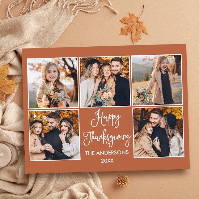 Fun Calligraphy Terracotta 5 Photo Thanksgiving Postcard (Customize to change your personalized text size or text style.)