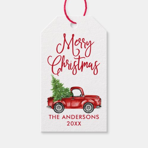 Fun Calligraphy Vintage Red Truck Christmas Gift Tags