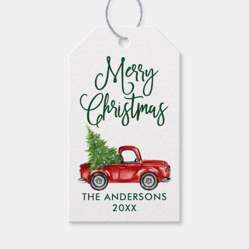Fun Calligraphy Vintage Truck Green Christmas Gift Tags