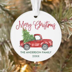 Fun Calligraphy Vintage Truck Red Green Christmas Ornament
