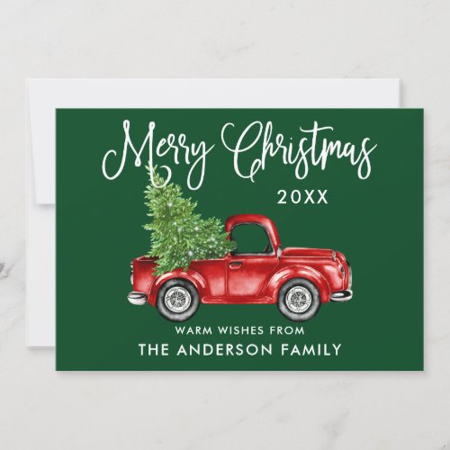 Fun Calligraphy Vintage Truck Tree Christmas Green Holiday Card