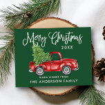 Fun Calligraphy Vintage Truck Tree Christmas Green Postcard<br><div class="desc">Modern Fun Calligraphy Script Watercolor Vintage Red Truck with Christmas Tree - Merry Christmas Postcard - Forest Green background</div>