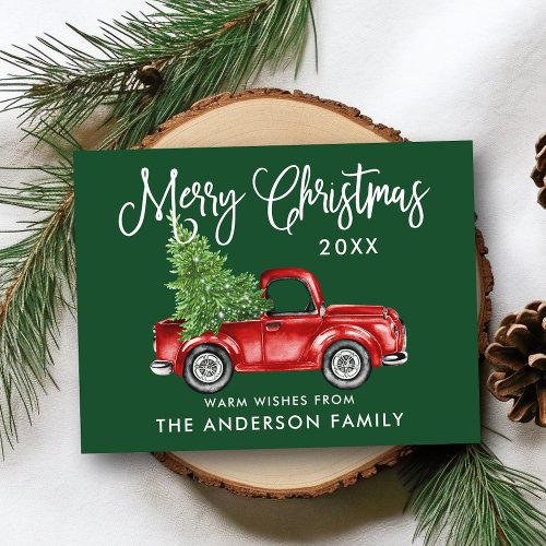 Fun Calligraphy Vintage Truck Tree Christmas Green Postcard