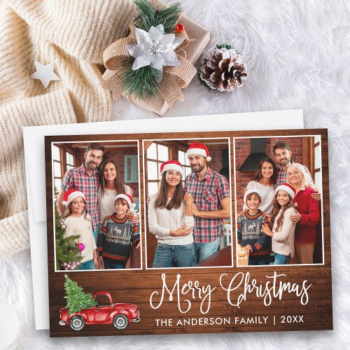Fun Calligraphy Wood 3 Photo Christmas Red Truck Holiday Card