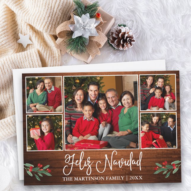 Fun Calligraphy Wood 5 Photo Feliz Navidad Holiday Card (Customize to add text to back of card.)