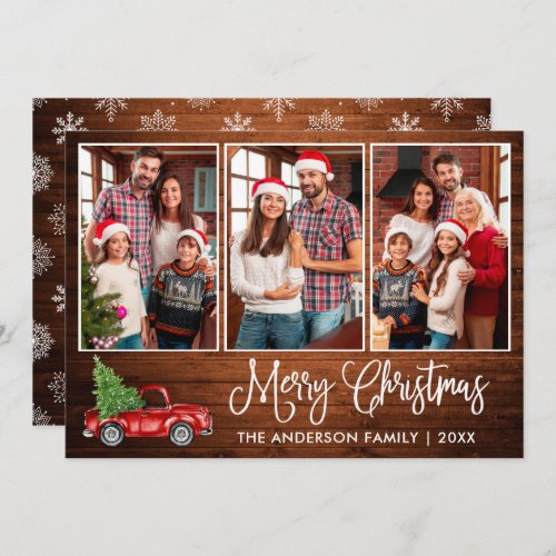 Fun Calligraphy Wood Christmas Red Truck 3 Photo Holiday Card