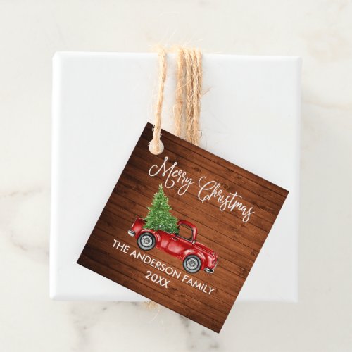 Fun Calligraphy Wood Christmas Red Truck Gift Favor Tags