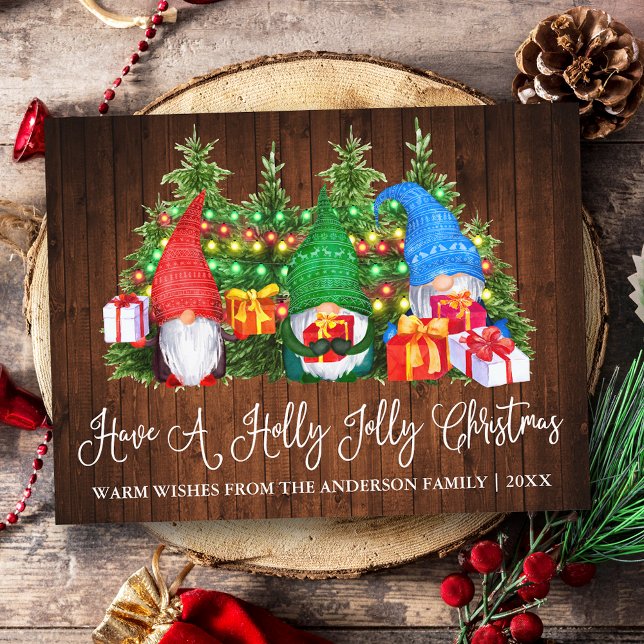 Fun Calligraphy Wood Holly Jolly Christmas Gnomes Postcard (Customize to change your personalized text size or text style.)