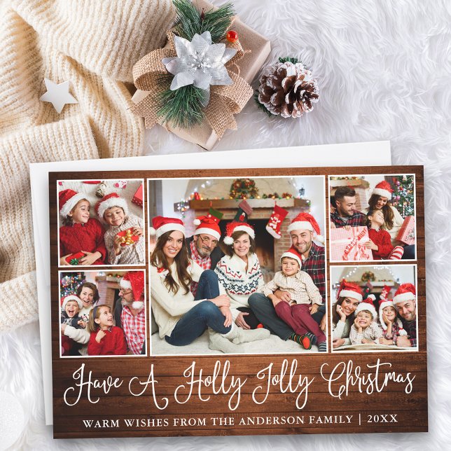 Fun Calligraphy Wood Holly Jolly Christmas Holiday Card (Customize to add text to back of card.)