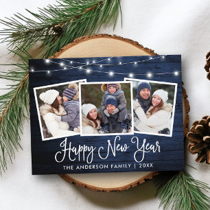 Fun Calligraphy Wood Lights 3 Photo Happy New Year Postcard
