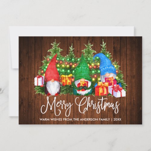 Fun Calligraphy Wood Merry Christmas Gnomes Holiday Card