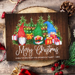 Fun Calligraphy Wood Merry Christmas Gnomes Postcard<br><div class="desc">Modern Fun Calligraphy Script Merry Christmas Watercolor Gnomes Postcard with Pine Trees. Family Name and Year - Rustic Country Wood and colorful string lights.</div>