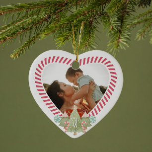 Fun Candy Cane Heart Photo Frame Monogram Keepsake Ceramic Ornament