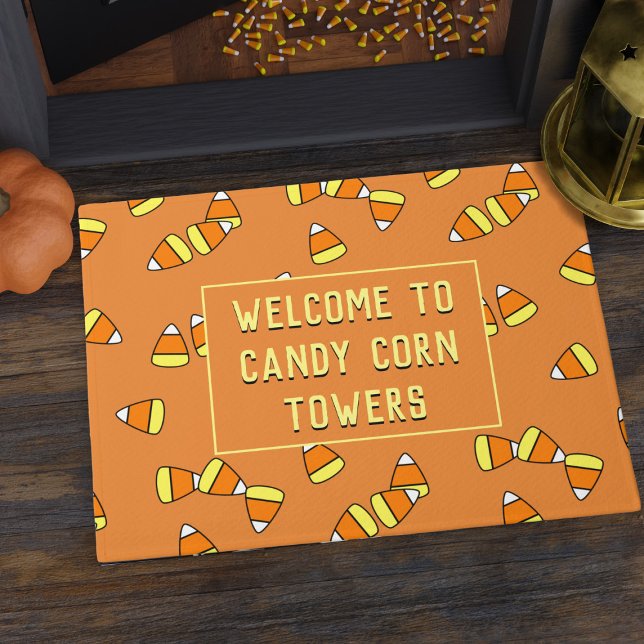 Fun Candy Corn Pattern Halloween Welcome Doormat (More candy please! Sweet candy corn doormat just for you)