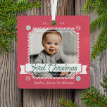 Fun Candy First Christmas Candy Cane Photo Frame Metal Ornament<br><div class="desc">Fun and playful candy theme baby's first Christmas photo keepsake ornament. Baby's first Christmas keepsake ornament can be customized with the baby's name, the year, and one photo on the front and one on the back. Fun candy cane frame with red ribbon and spiral red and green permit candy elements....</div>