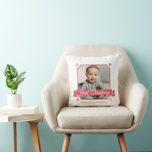 Fun Candy First Christmas Candy Cane Photo Frame Throw Pillow