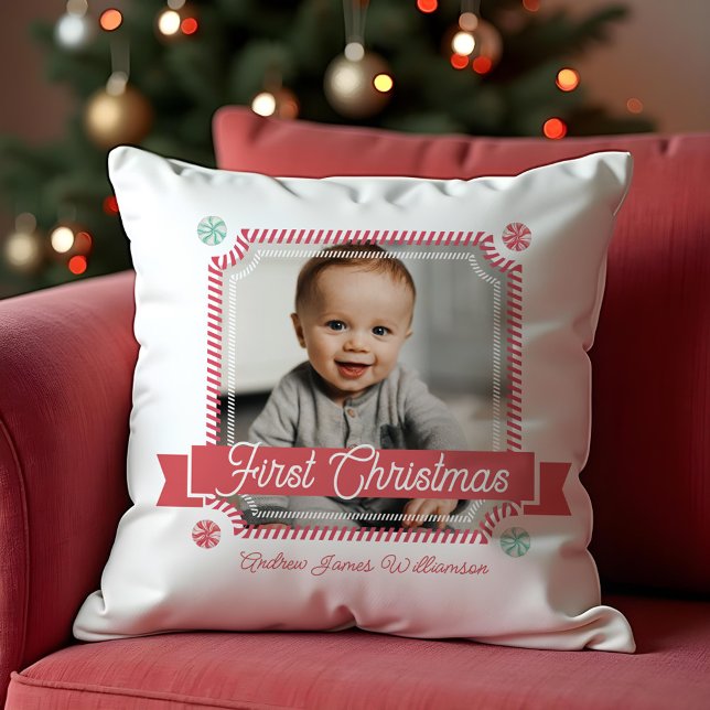 Fun Candy First Christmas Candy Cane Photo Frame Throw Pillow (Fun Candy First Christmas Candy Cane Photo Frame Throw Pillow)