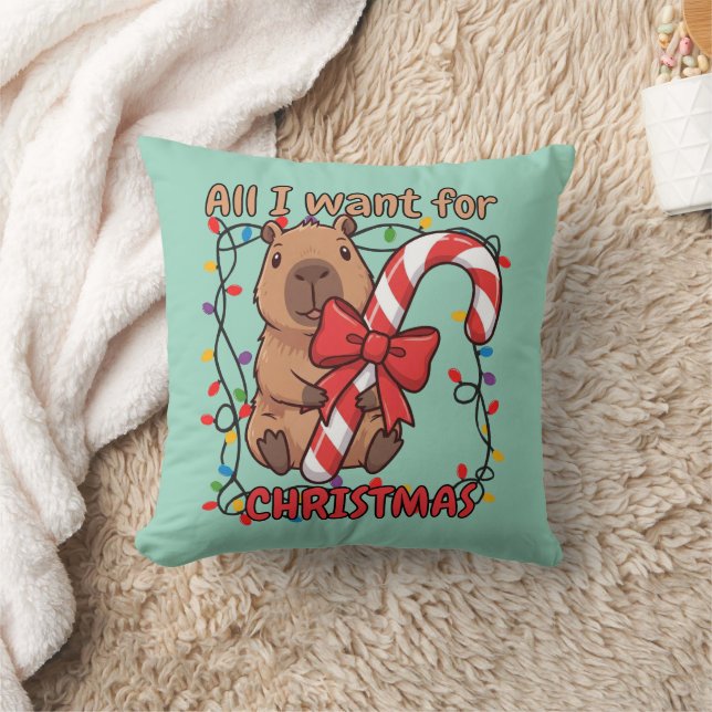 Fun Capybara Christmas Lights Party Throw Pillow (Blanket)