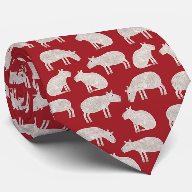 Fun Capybara Pattern Red Neck Tie (Fun capybara pattern festive red Christmas neck tie)