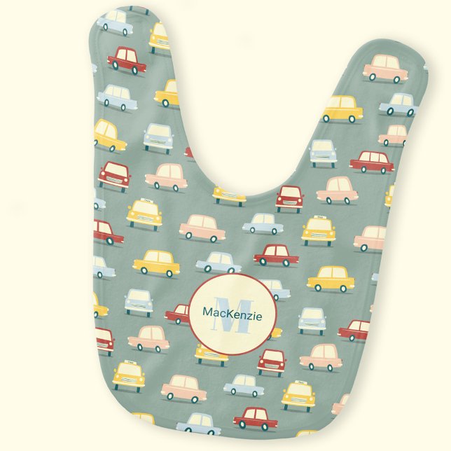Fun Car Personalized Monogram Baby Bib (Fun retro cars monogram initial name personalized baby bib)