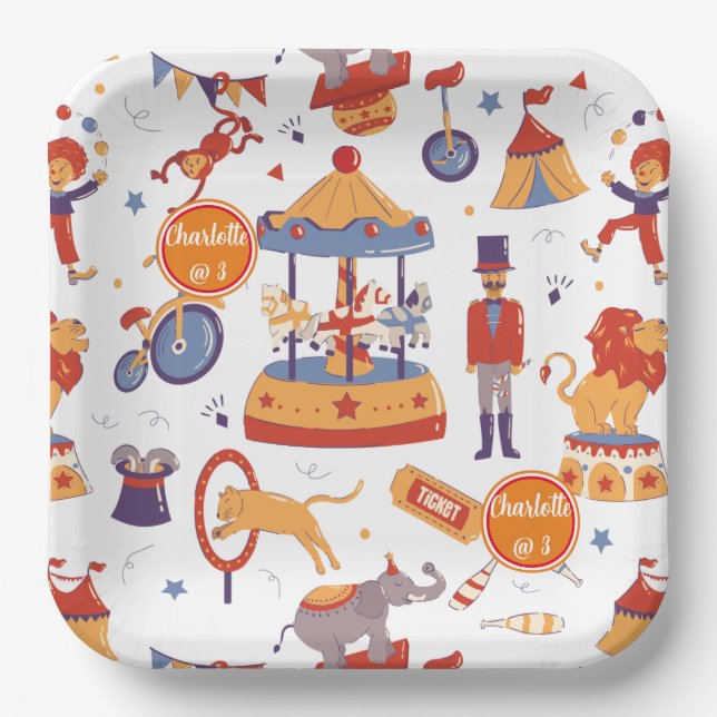 Fun Carnival Kids' Birthday Circus Pattern Clown Paper Plates (Front)