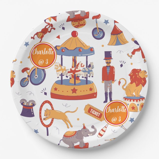 Fun Carnival Kids' Birthday Circus Pattern Clown Paper Plates (Front)