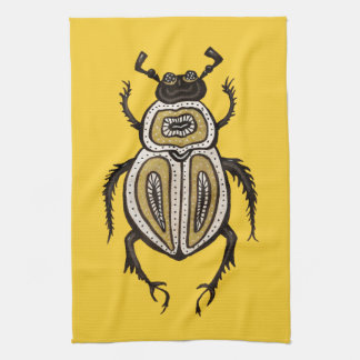 Fun Cartoon Beetle Ink Drawn Insect Art on Yellow Kitchen Towel