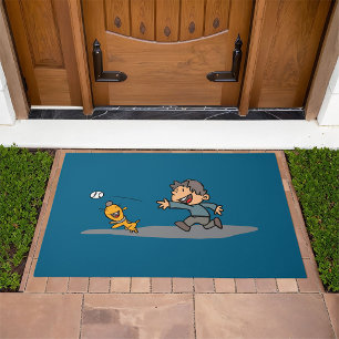 Fun Cartoon Boy and Dog Playing Fetch Doormat