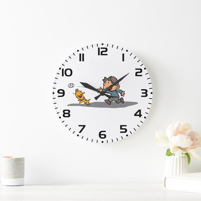 Fun Cartoon Boy and Dog Playing Fetch  Large Clock (Creator Uploaded)