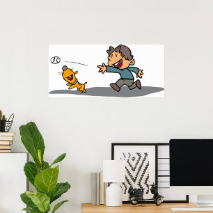 Fun Cartoon Boy and Dog Playing Fetch Poster