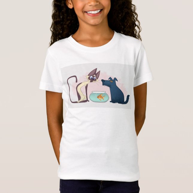 Fun Cartoon Cat Goldfish Dog T-Shirt (Front)
