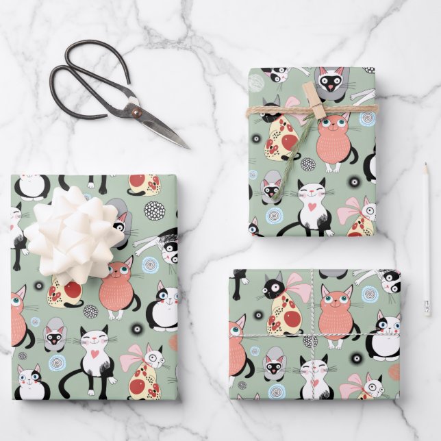 Fun Cartoon Cats Wrapping Paper Sheets (Front)
